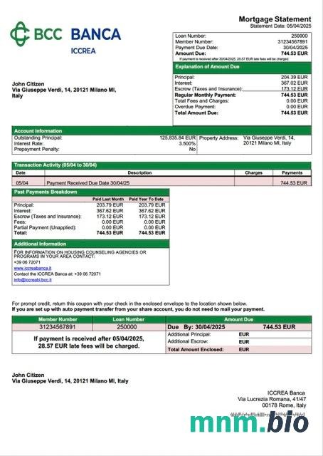 Włochy ICCREA Banca wyciąg z kredytu hipotecznego szablon Word i PDF